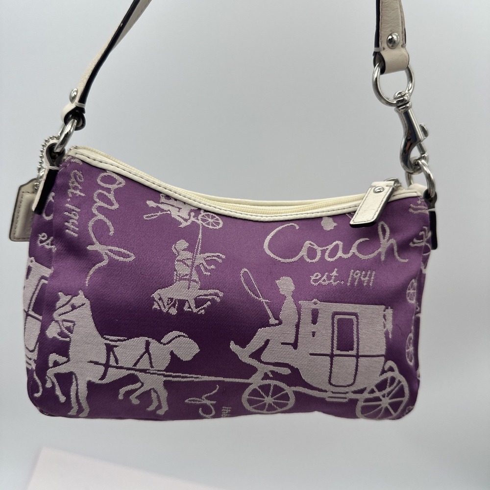 VTG Y2K Coach Purple Horse Carriage Print Wristlet & Bag Canvas Leather Trim EUC - Picture 2 of 14